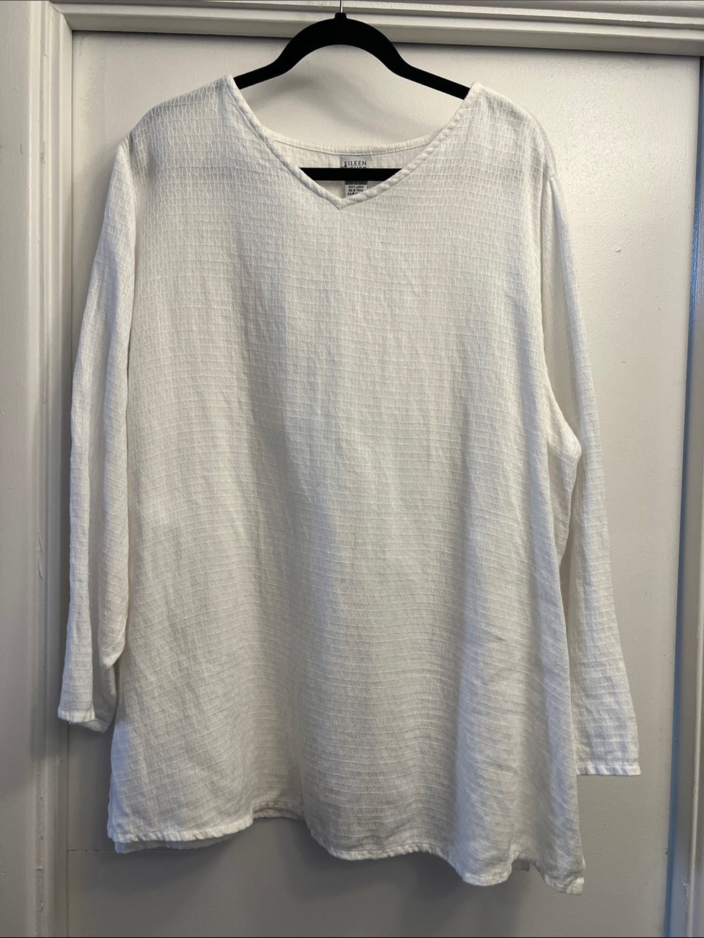 Eileen Fisher White Textured 100% Linen V-Neck Long Sleeve Tunic Size 2X